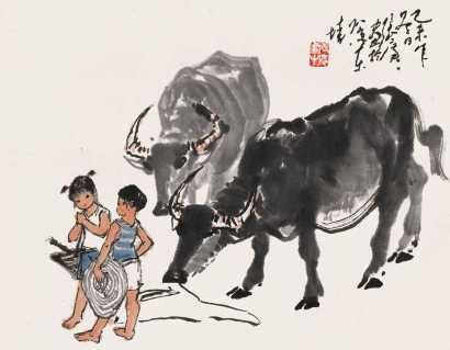 张广 1979年作 牧童与牛 镜心